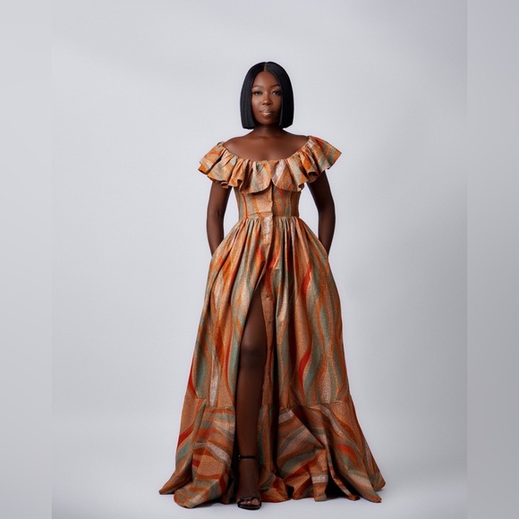 Sika Porter 100% Cotton Handmade Multi Color Brown Orange Maxi Dress - Picture 2 of 14